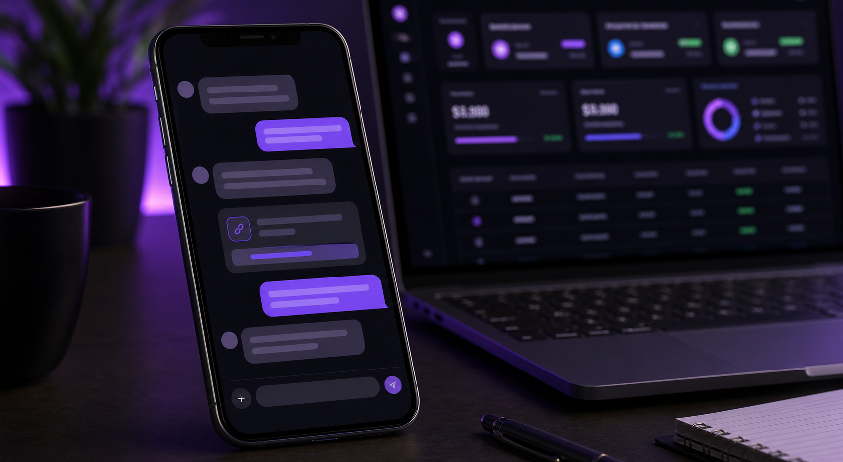 Developer workstation with dark API dashboard and webhook event stream.