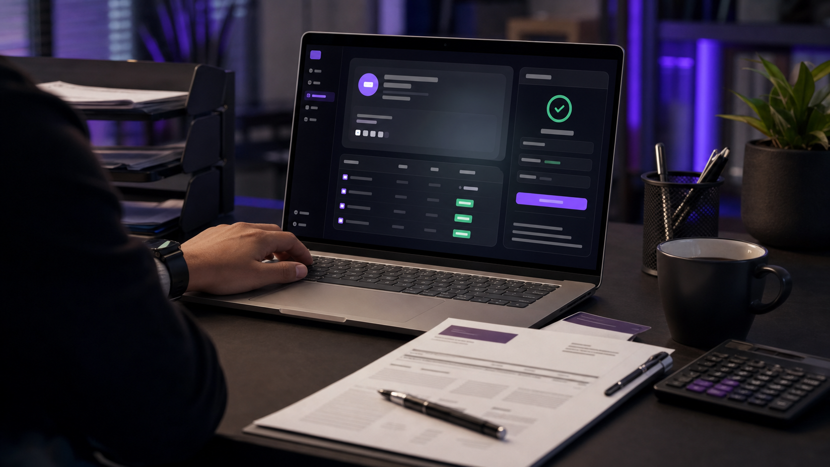 Invoice operations desk with laptop dashboard and paper invoice context.