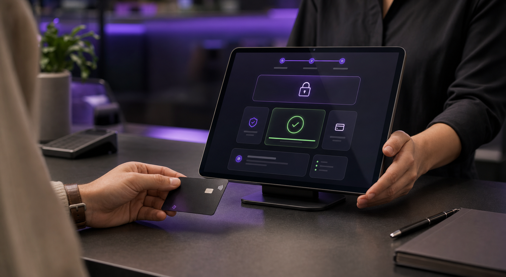 Service counter with tablet showing a secure authorization approval screen.