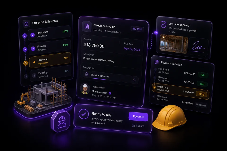 Contractor payment workflow preview for job-site milestones.